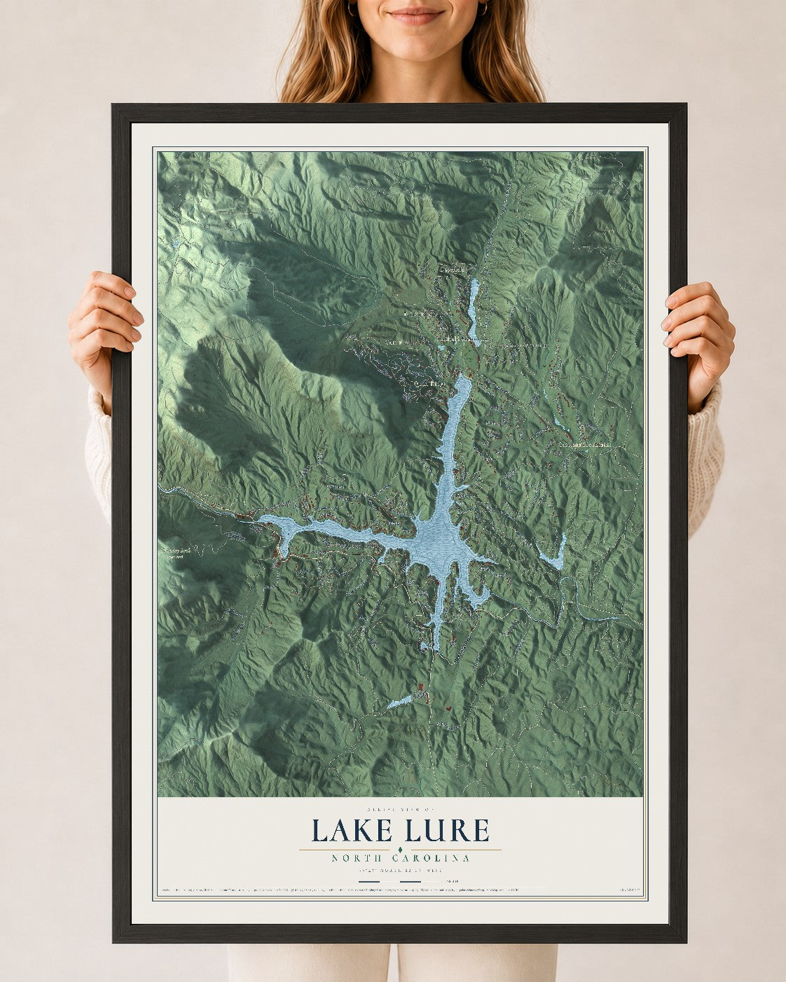 Map of Lake Lure, North Carolina, 24 x 36 inch print in a black wood frame