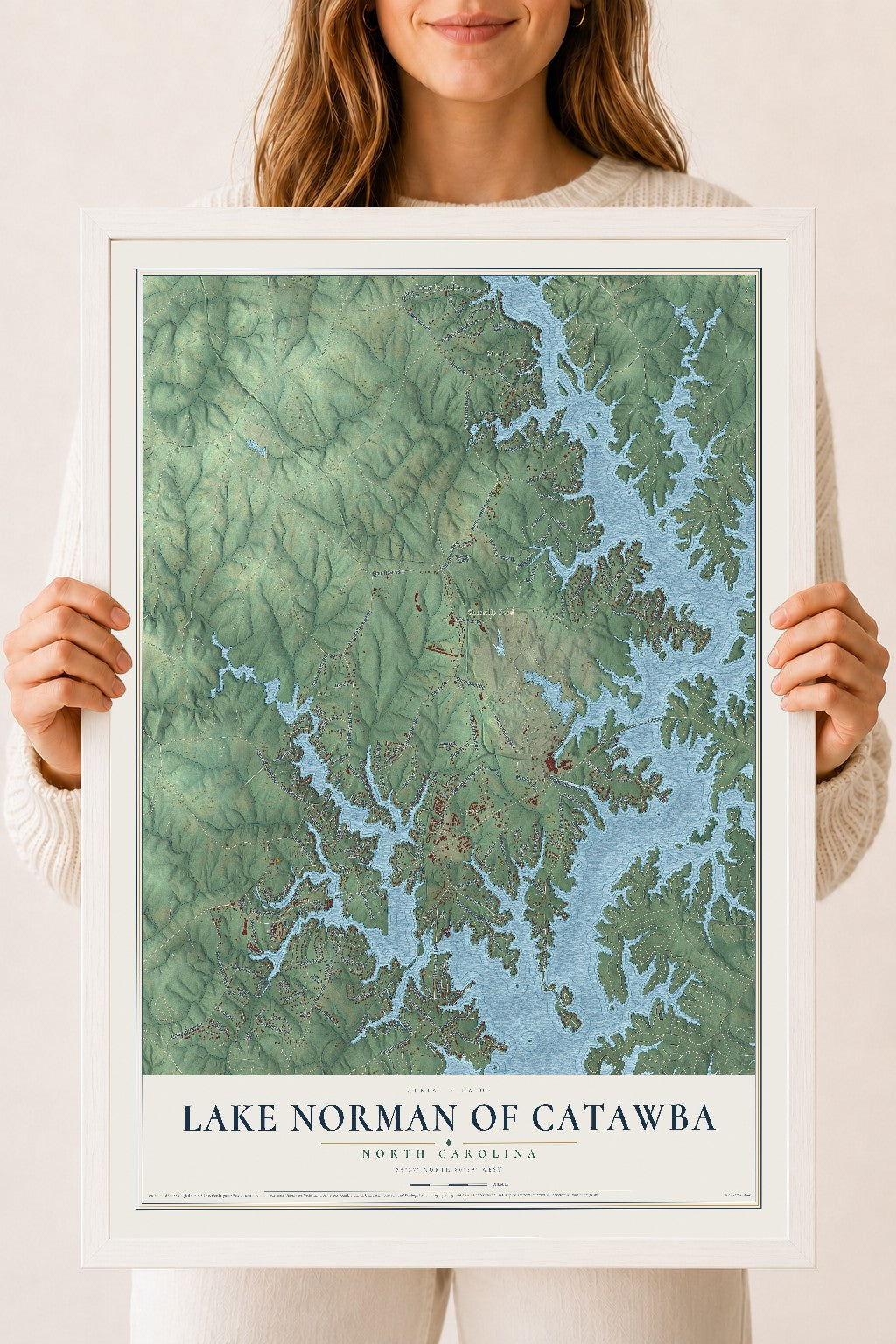 Map of Lake Norman of Catawba, North Carolina, 18 x 24 inch print in a white wood frame