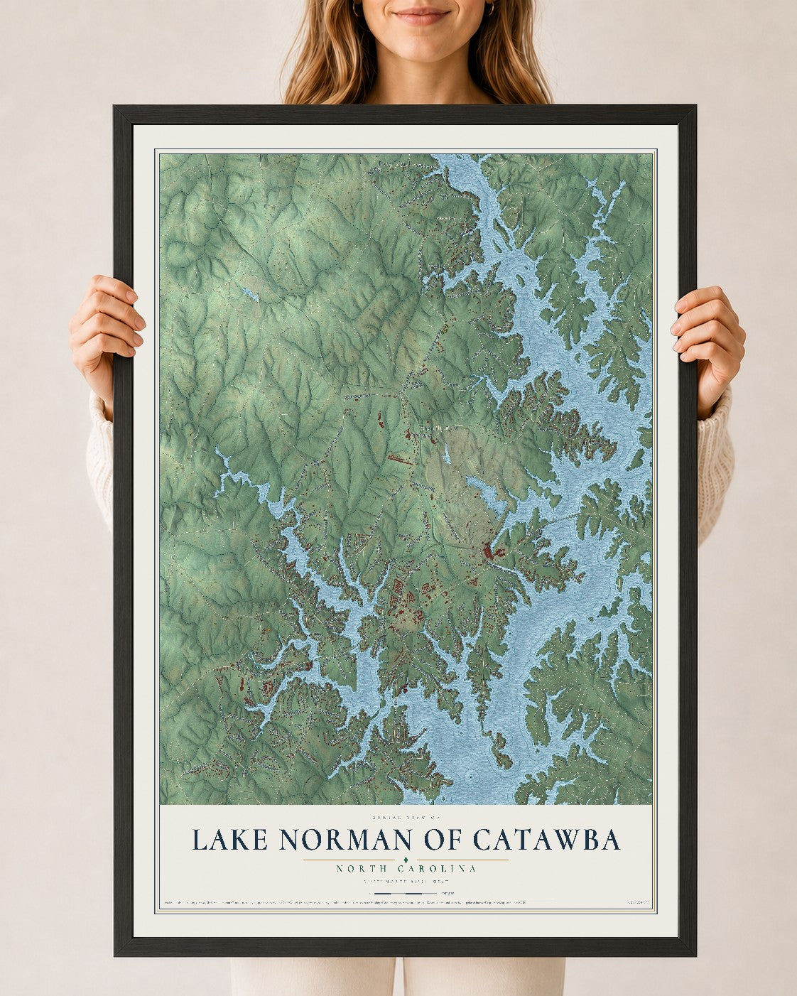Map of Lake Norman of Catawba, North Carolina, 24 x 36 inch print in a black wood frame