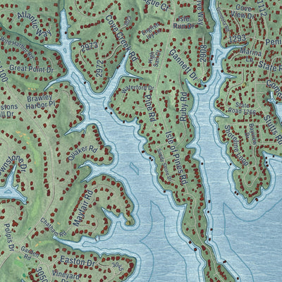 Close-up of the map of Lake Norman of Iredell, North Carolina print showing street and building detail