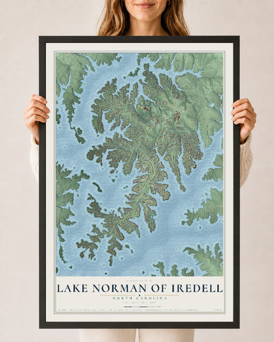 Map of Lake Norman of Iredell, North Carolina, 24 x 36 inch print in a black wood frame