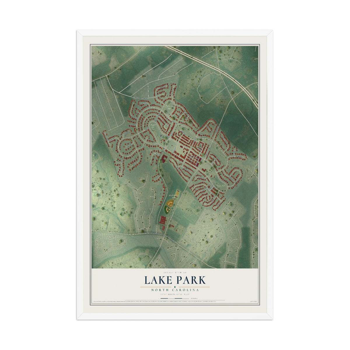 Map of Lake Park, North Carolina, 12 x 18 inch print in a white wood frame