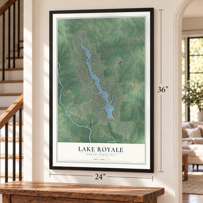 Lake Royale, North Carolina map, 24 x 36 inch print in a black frame by a staircase