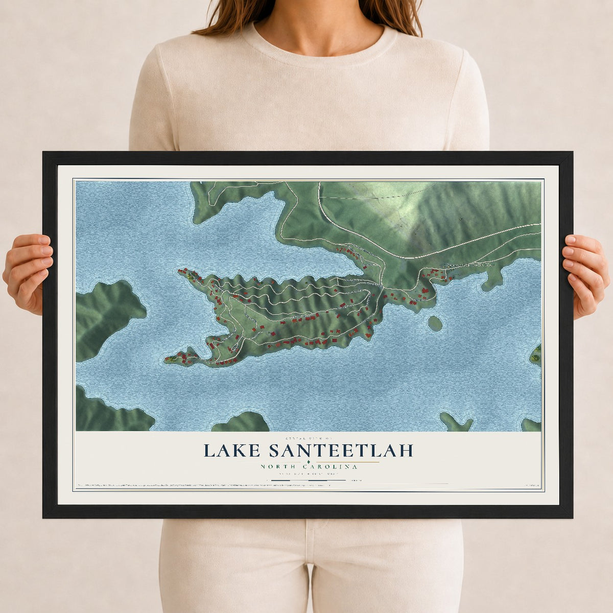 Map of Lake Santeetlah, North Carolina, 12 x 18 inch print in a black wood frame
