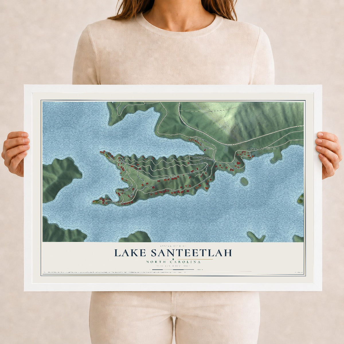 Map of Lake Santeetlah, North Carolina, 12 x 18 inch print in a white wood frame