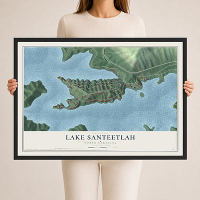 Map of Lake Santeetlah, North Carolina, 24 x 36 inch print in a black wood frame