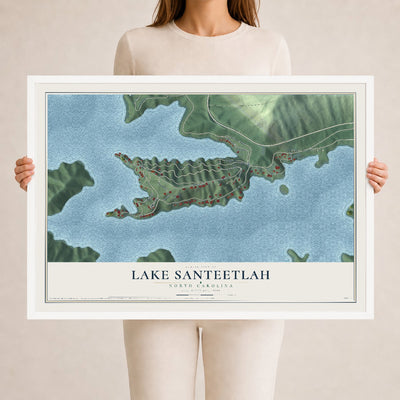Map of Lake Santeetlah, North Carolina, 24 x 36 inch print in a white wood frame