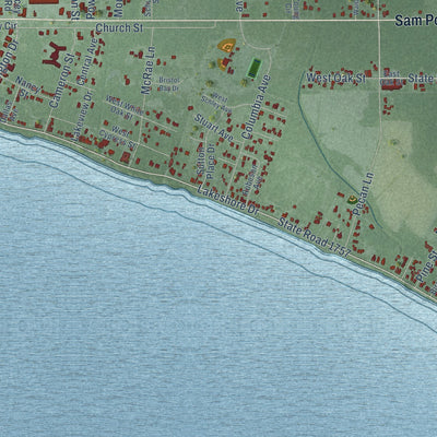 Close-up of the map of Lake Waccamaw, North Carolina print showing street and building detail