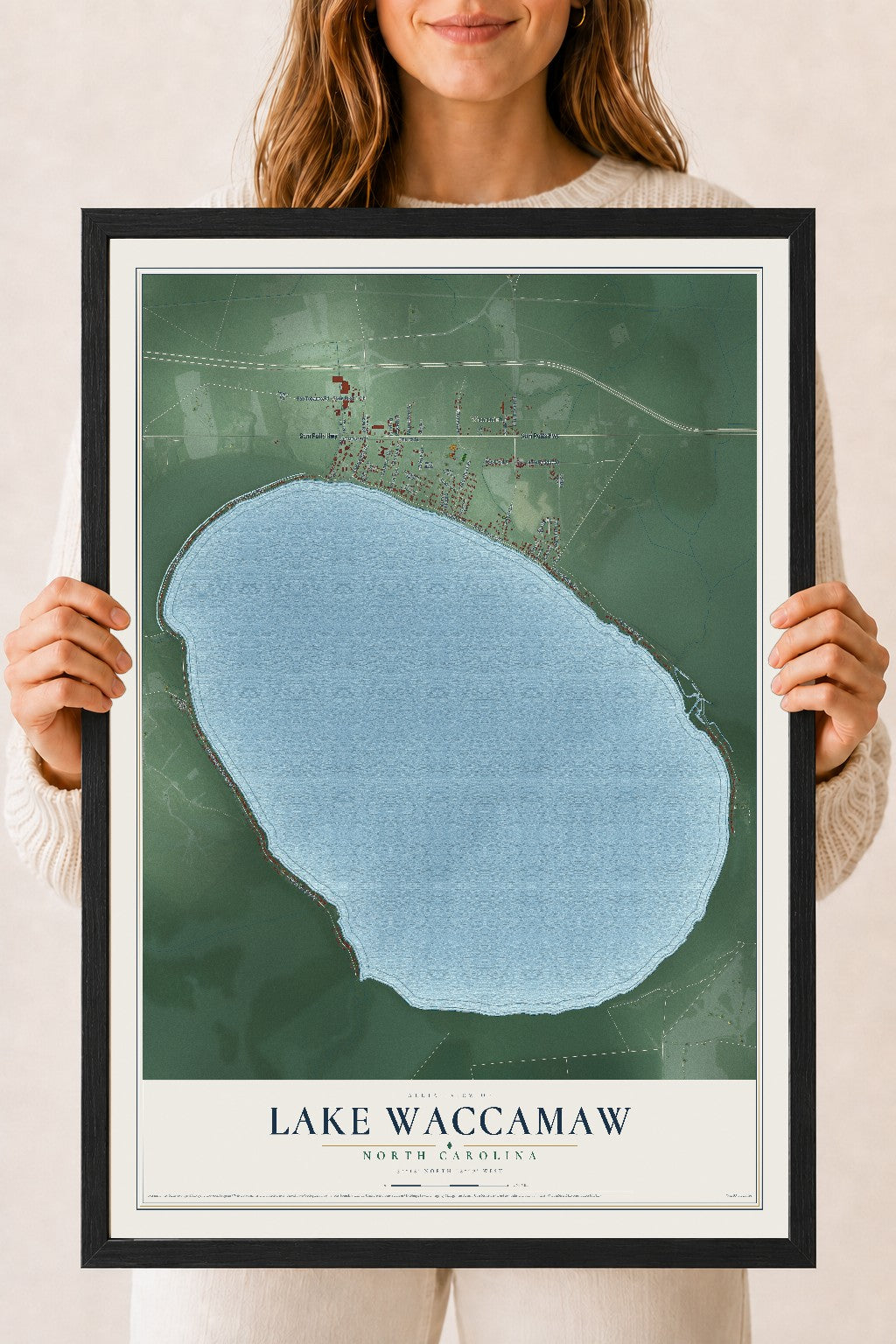 Map of Lake Waccamaw, North Carolina, 18 x 24 inch print in a black wood frame