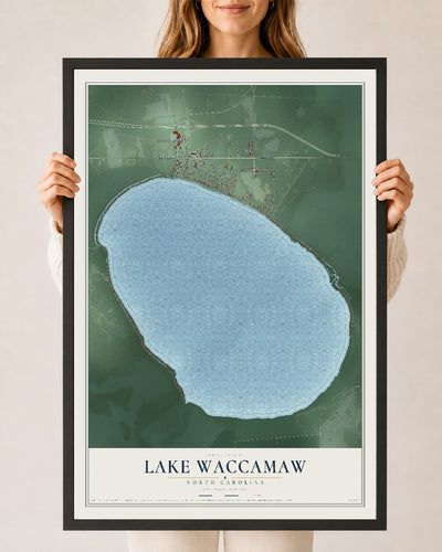 Map of Lake Waccamaw, North Carolina, 24 x 36 inch print in a black wood frame