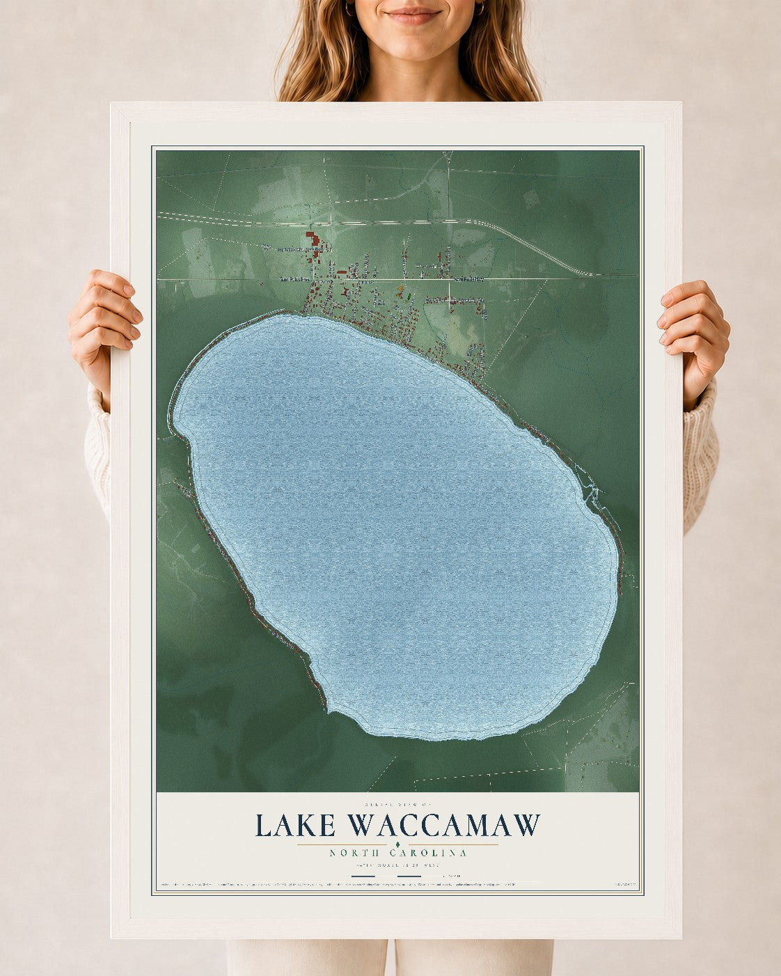 Map of Lake Waccamaw, North Carolina, 24 x 36 inch print in a white wood frame