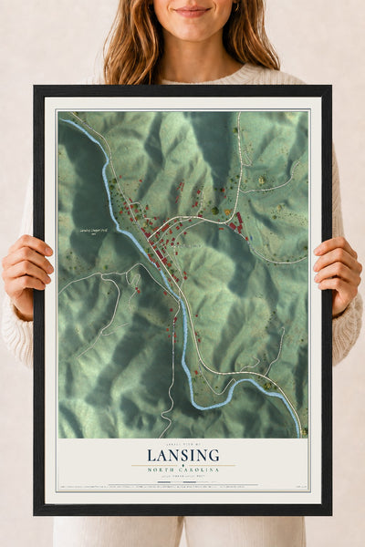 Map of Lansing, North Carolina, 18 x 24 inch print in a black wood frame