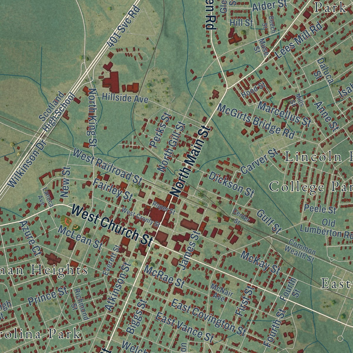 Close-up of the map of Laurinburg, North Carolina print showing street and building detail