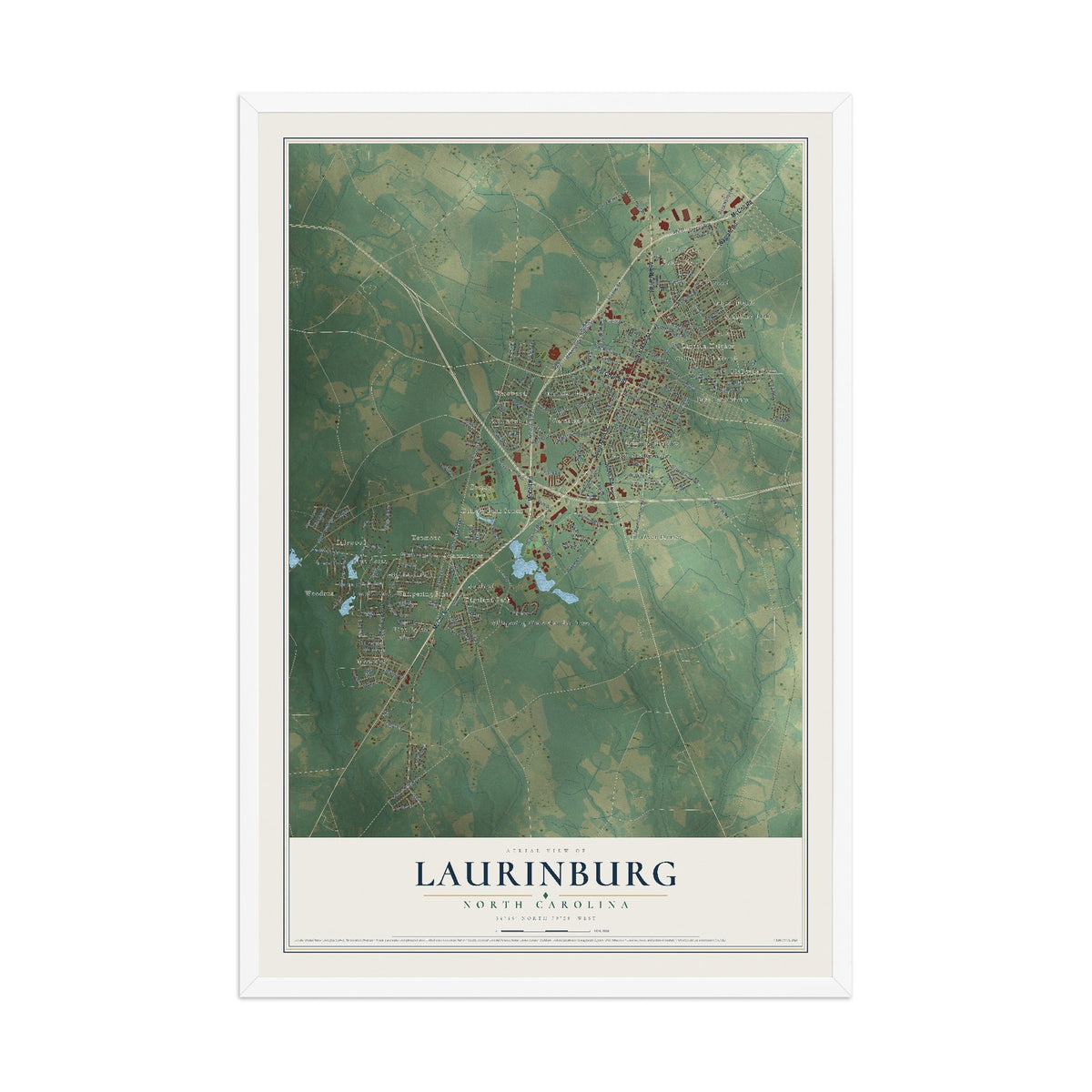 Map of Laurinburg, North Carolina, 12 x 18 inch print in a white wood frame