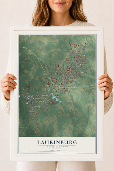 Map of Laurinburg, North Carolina, 18 x 24 inch print in a white wood frame