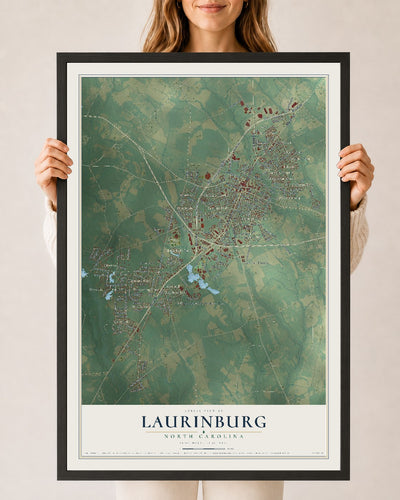 Map of Laurinburg, North Carolina, 24 x 36 inch print in a black wood frame