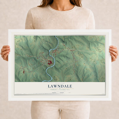 Map of Lawndale, North Carolina, 12 x 18 inch print in a white wood frame