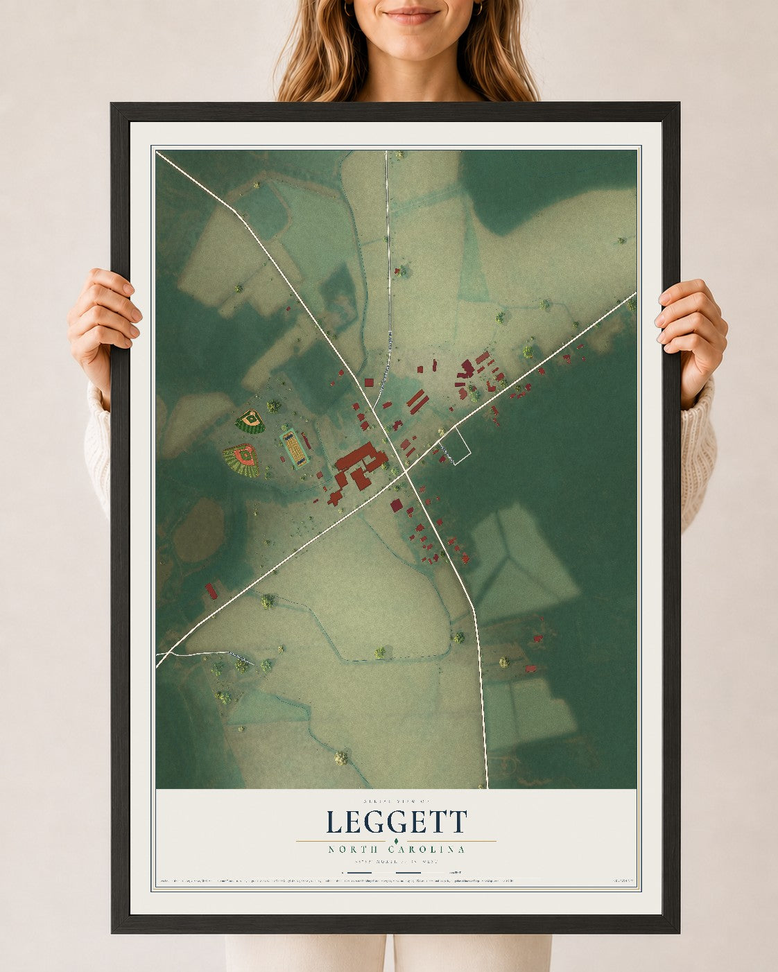 Map of Leggett, North Carolina, 24 x 36 inch print in a black wood frame