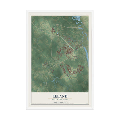Map of Leland, North Carolina, 12 x 18 inch print in a white wood frame