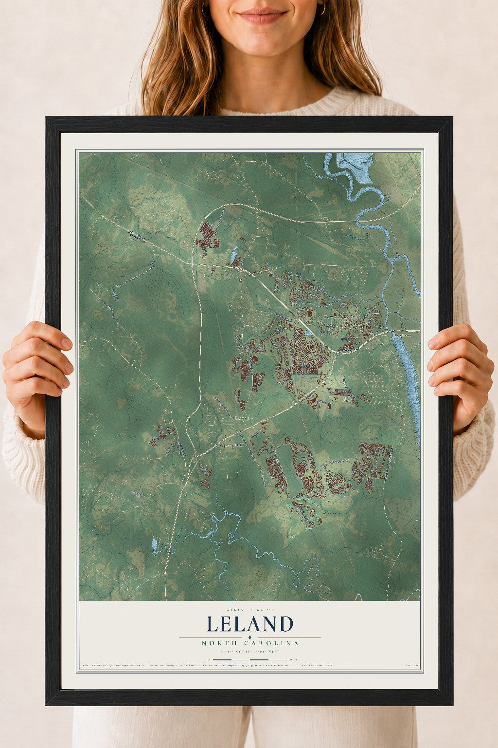 Map of Leland, North Carolina, 18 x 24 inch print in a black wood frame