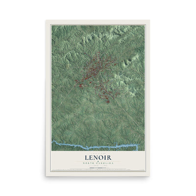 Map of Lenoir, North Carolina, 12 x 18 inch unframed archival matte print