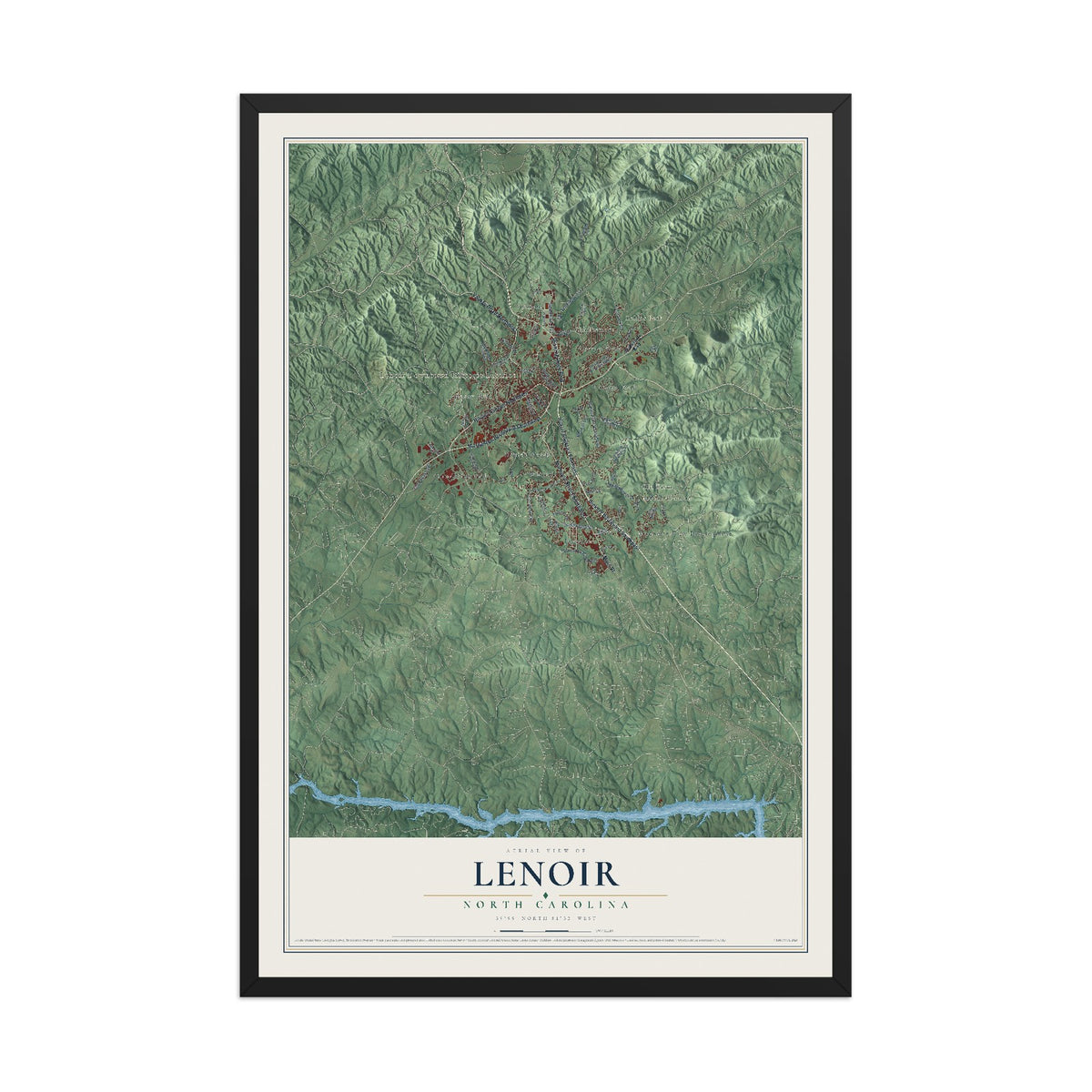 Map of Lenoir, North Carolina, 12 x 18 inch print in a black wood frame