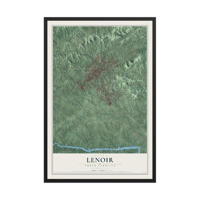 Map of Lenoir, North Carolina, 12 x 18 inch print in a black wood frame