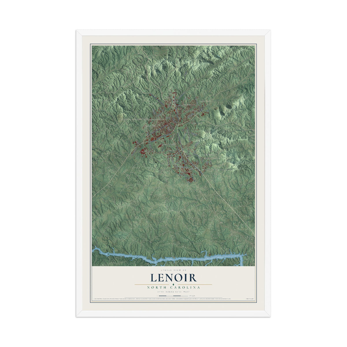 Map of Lenoir, North Carolina, 12 x 18 inch print in a white wood frame