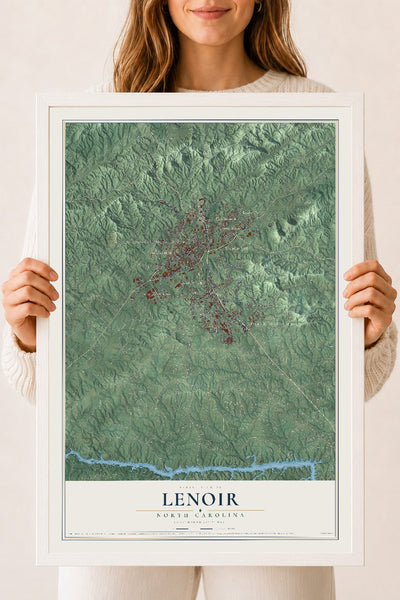 Map of Lenoir, North Carolina, 18 x 24 inch print in a white wood frame