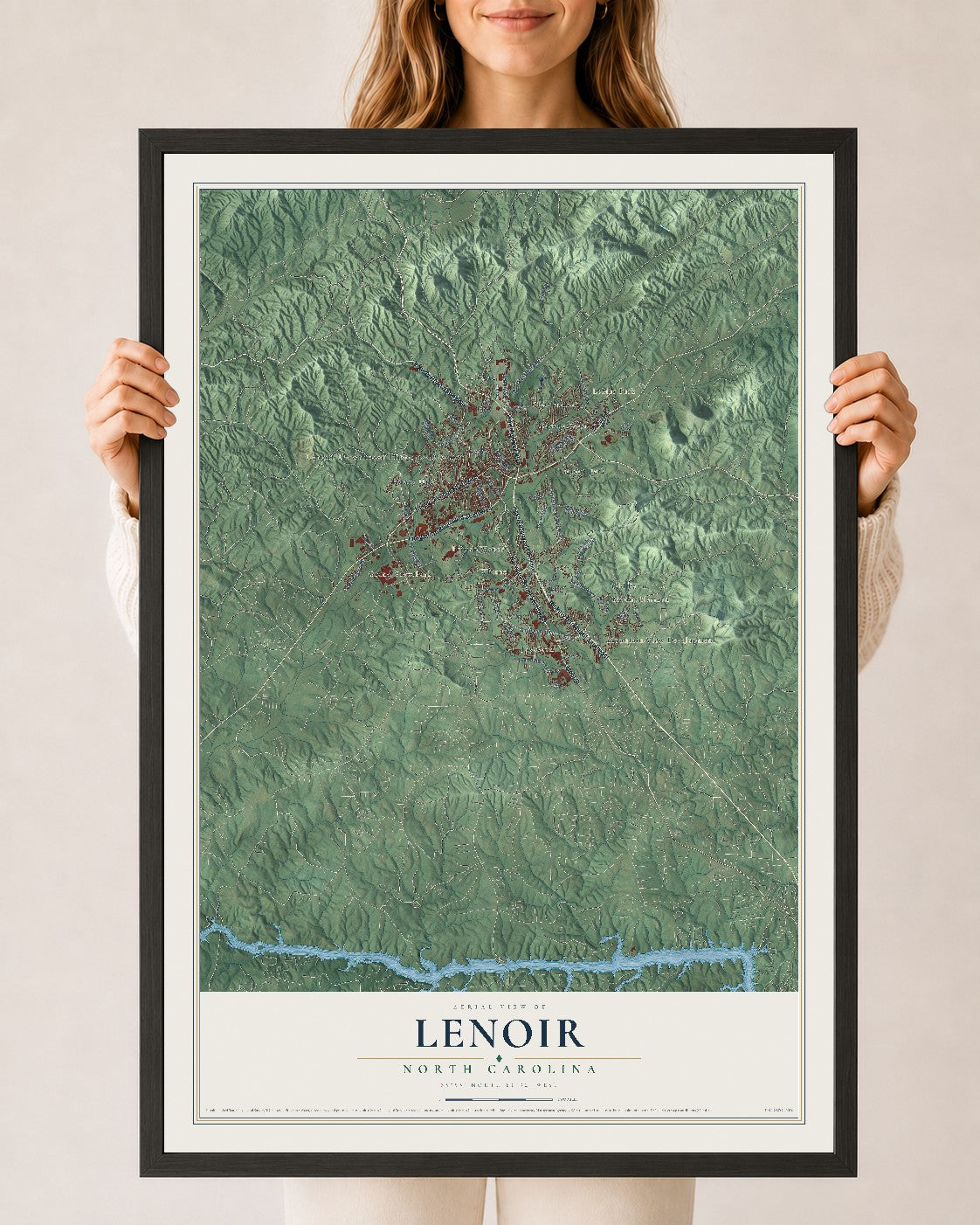 Map of Lenoir, North Carolina, 24 x 36 inch print in a black wood frame