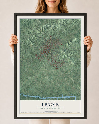 Map of Lenoir, North Carolina, 24 x 36 inch print in a black wood frame
