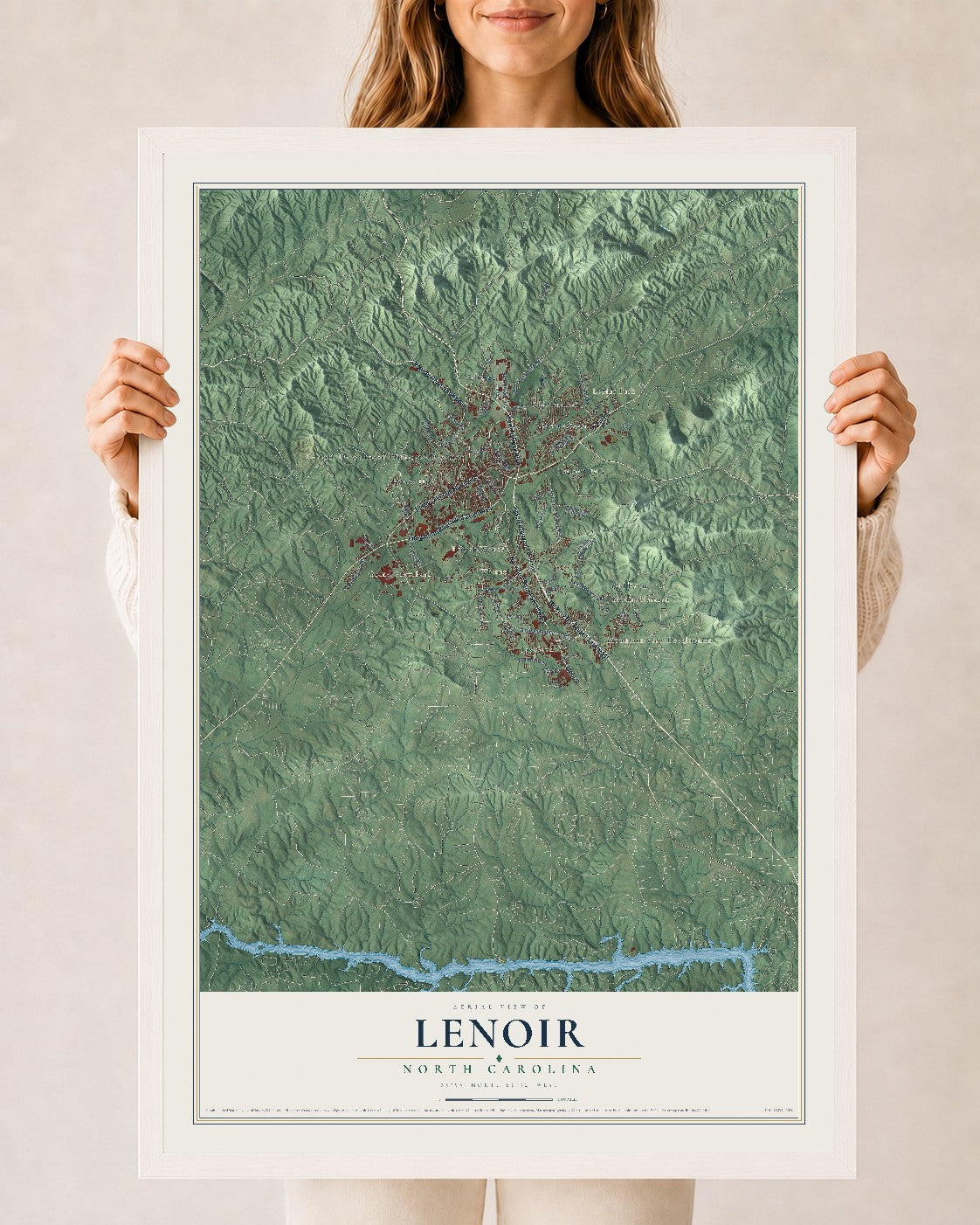 Map of Lenoir, North Carolina, 24 x 36 inch print in a white wood frame