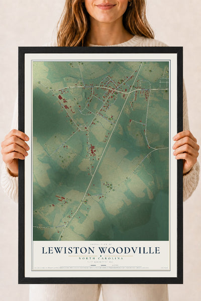 Map of Lewiston Woodville, North Carolina, 18 x 24 inch print in a black wood frame