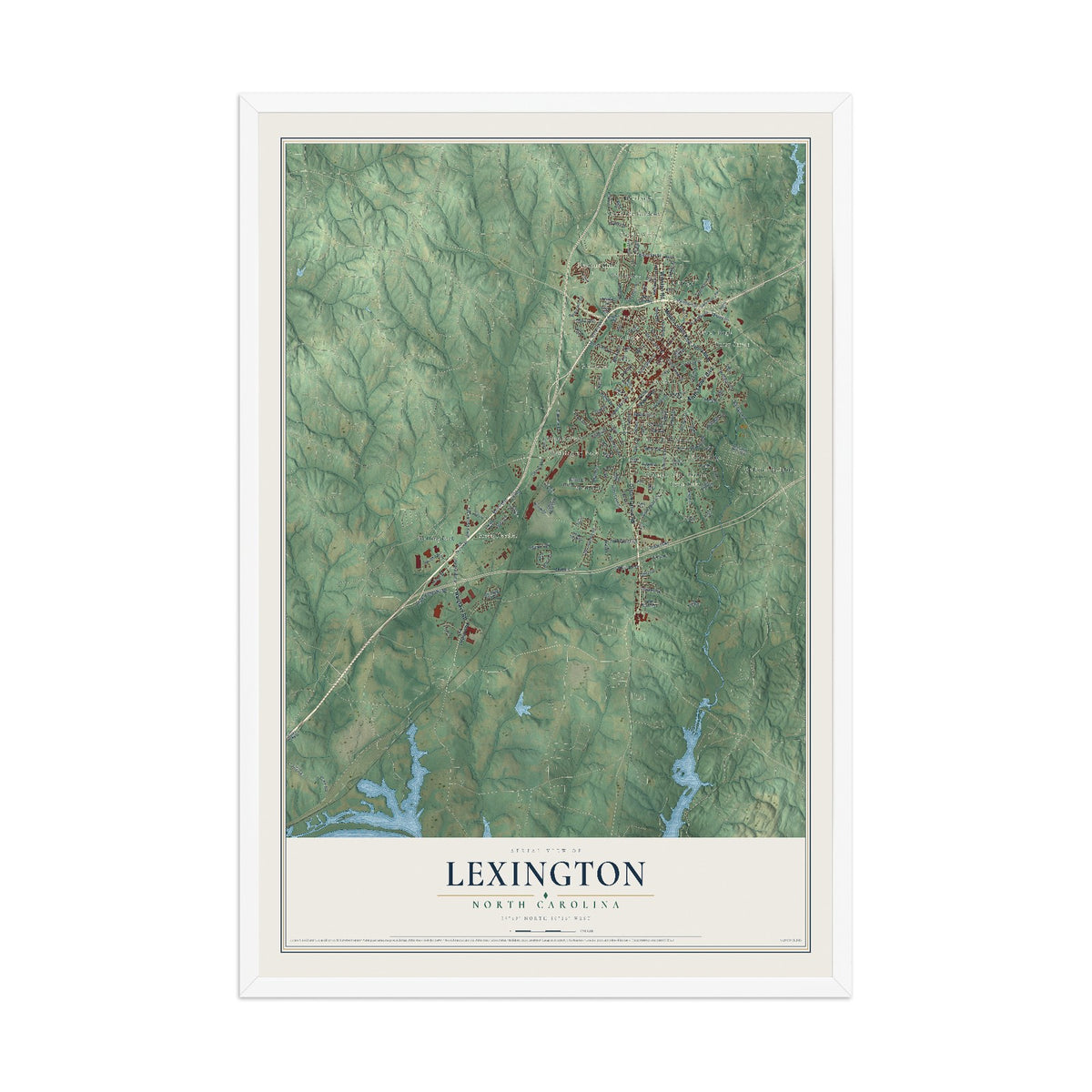 Map of Lexington, North Carolina, 12 x 18 inch print in a white wood frame
