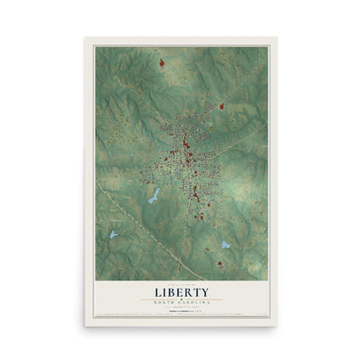 Map of Liberty, North Carolina, 12 x 18 inch unframed archival matte print