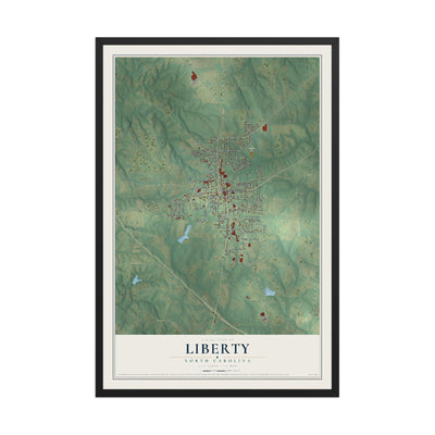 Map of Liberty, North Carolina, 12 x 18 inch print in a black wood frame
