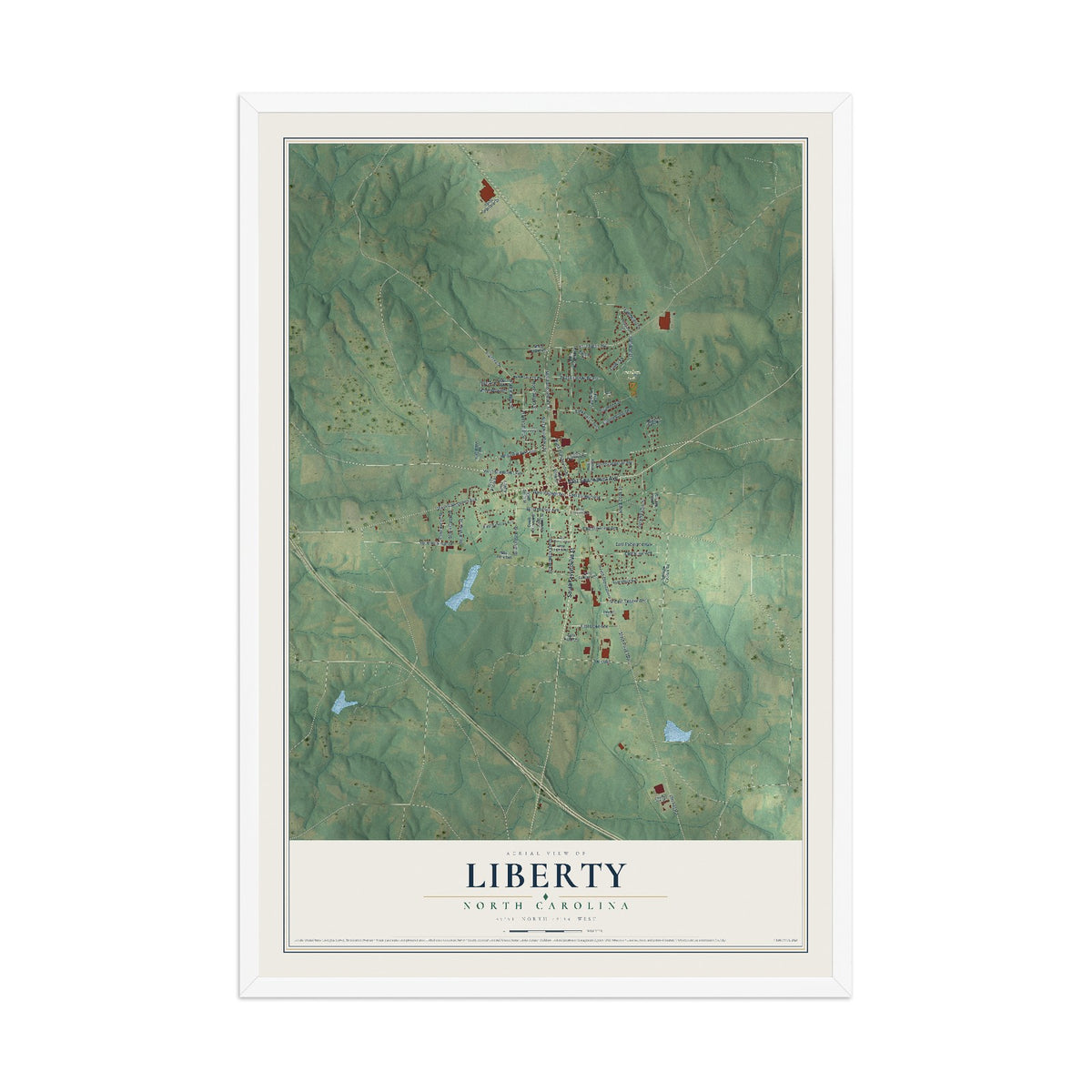 Map of Liberty, North Carolina, 12 x 18 inch print in a white wood frame