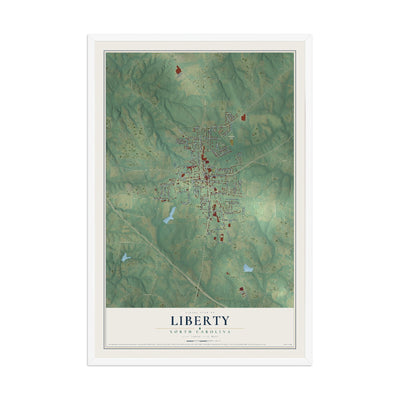 Map of Liberty, North Carolina, 12 x 18 inch print in a white wood frame