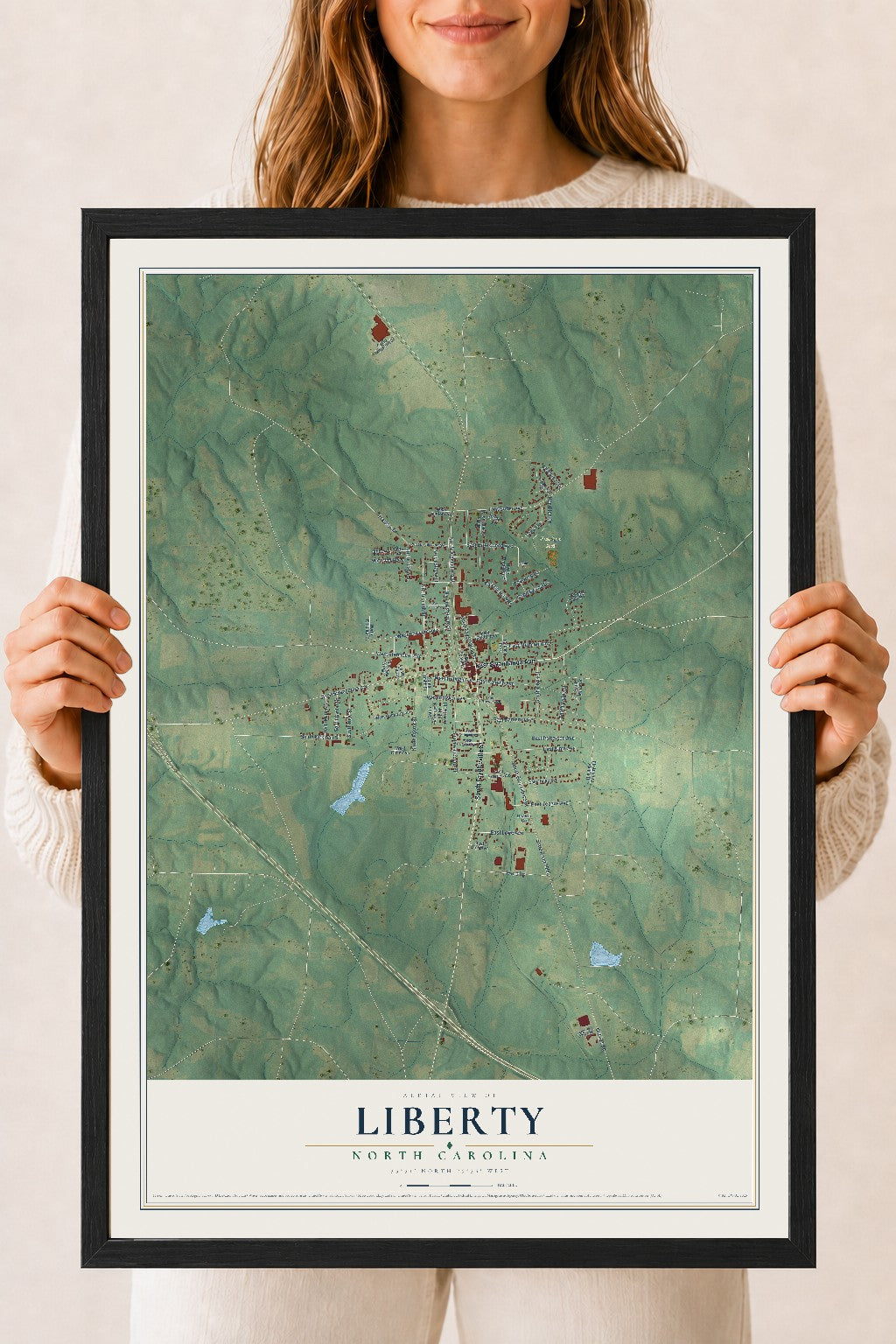 Map of Liberty, North Carolina, 18 x 24 inch print in a black wood frame