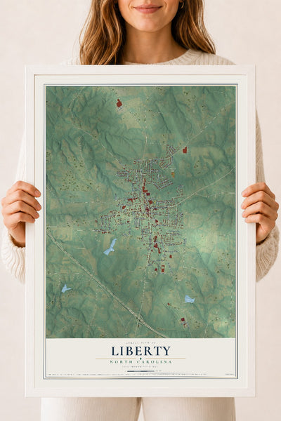 Map of Liberty, North Carolina, 18 x 24 inch print in a white wood frame