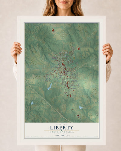 Map of Liberty, North Carolina, 24 x 36 inch print in a white wood frame