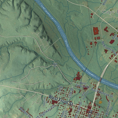 Close-up of the map of Lillington, North Carolina print showing street and building detail