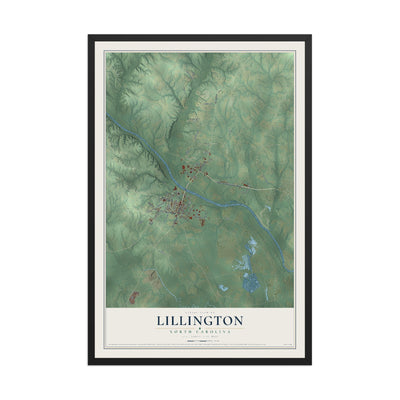 Map of Lillington, North Carolina, 12 x 18 inch print in a black wood frame