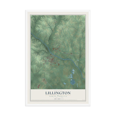 Map of Lillington, North Carolina, 12 x 18 inch print in a white wood frame