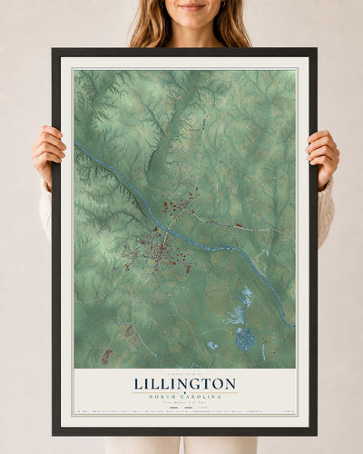 Map of Lillington, North Carolina, 24 x 36 inch print in a black wood frame
