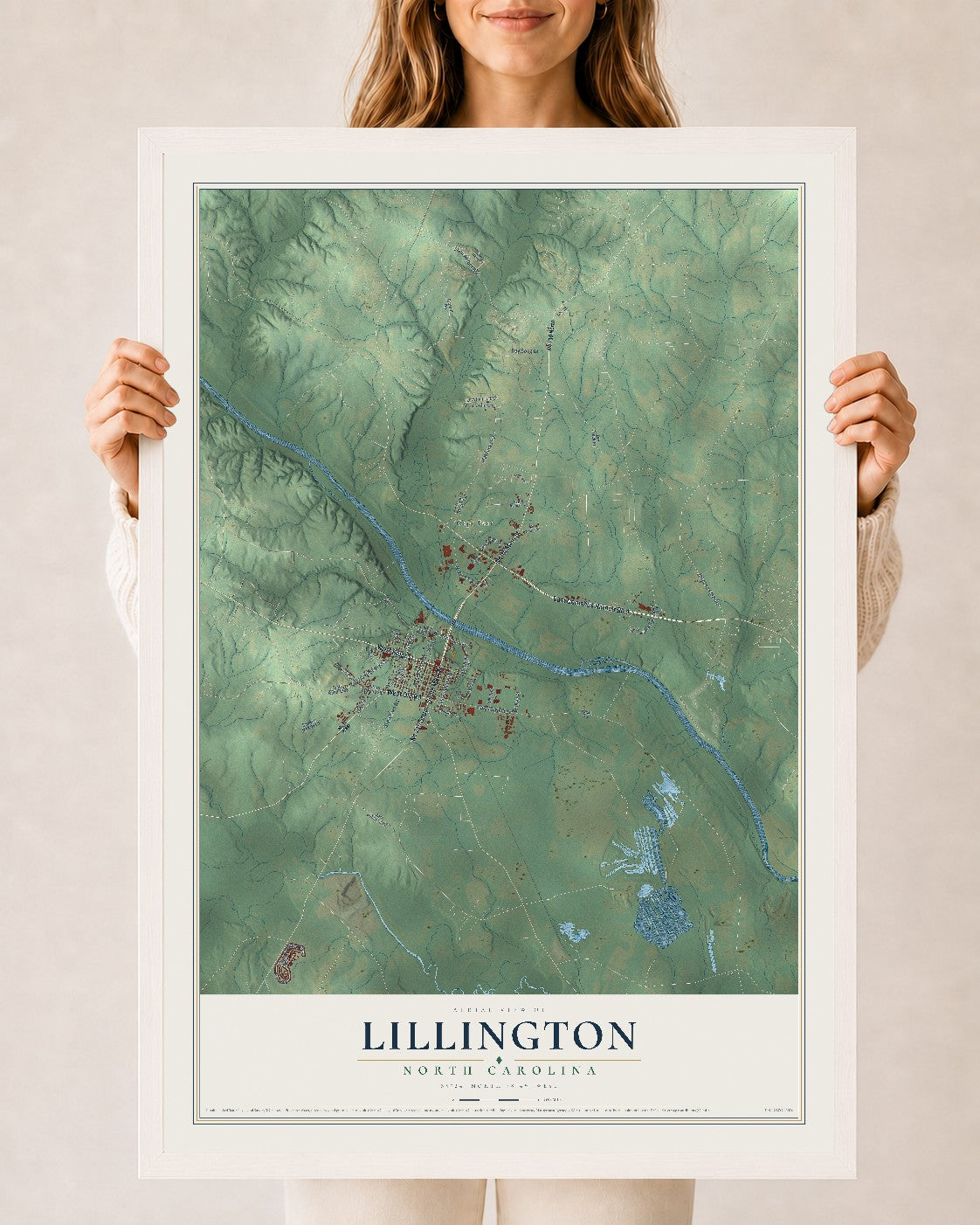 Map of Lillington, North Carolina, 24 x 36 inch print in a white wood frame