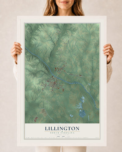 Map of Lillington, North Carolina, 24 x 36 inch print in a white wood frame