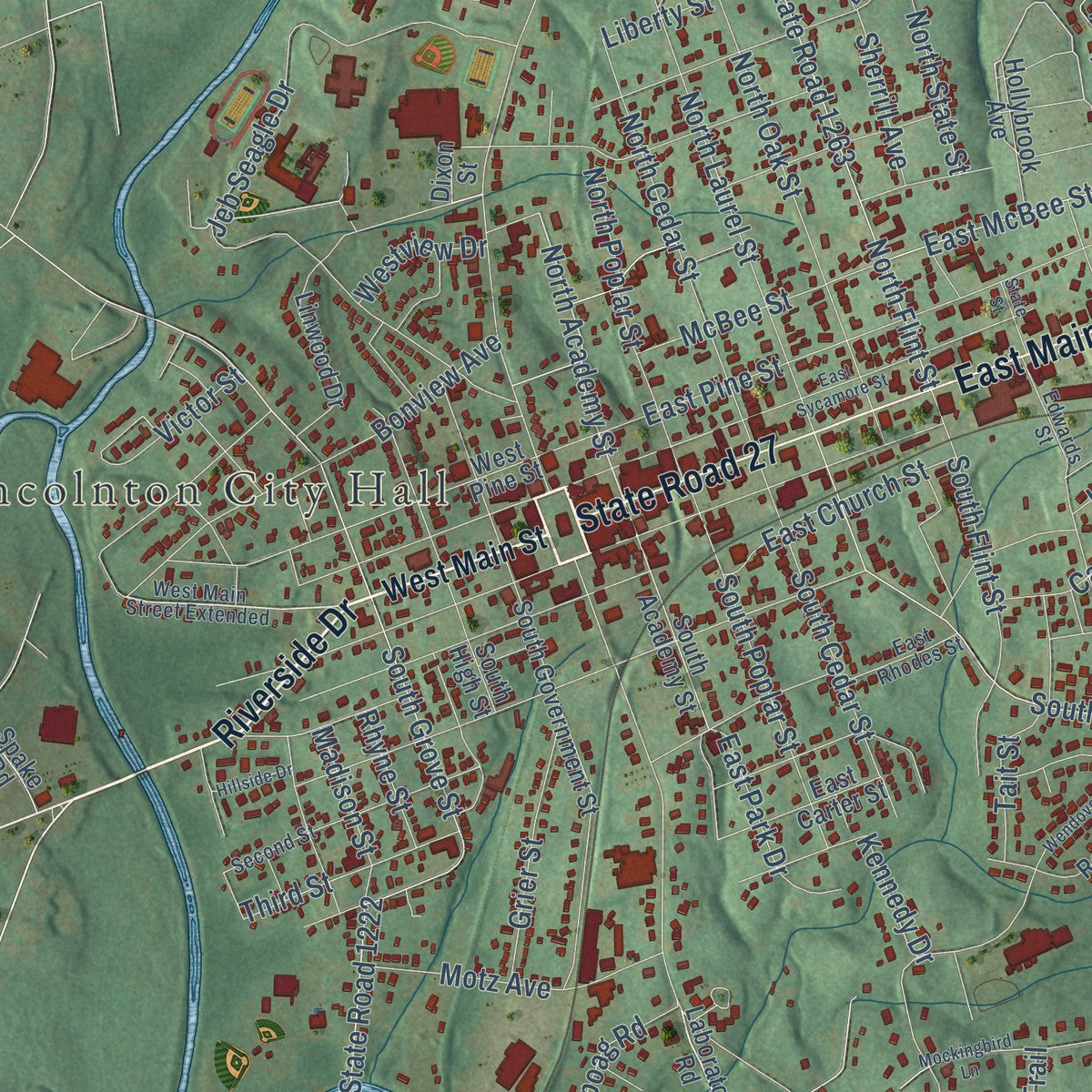 Close-up of the map of Lincolnton, North Carolina print showing street and building detail