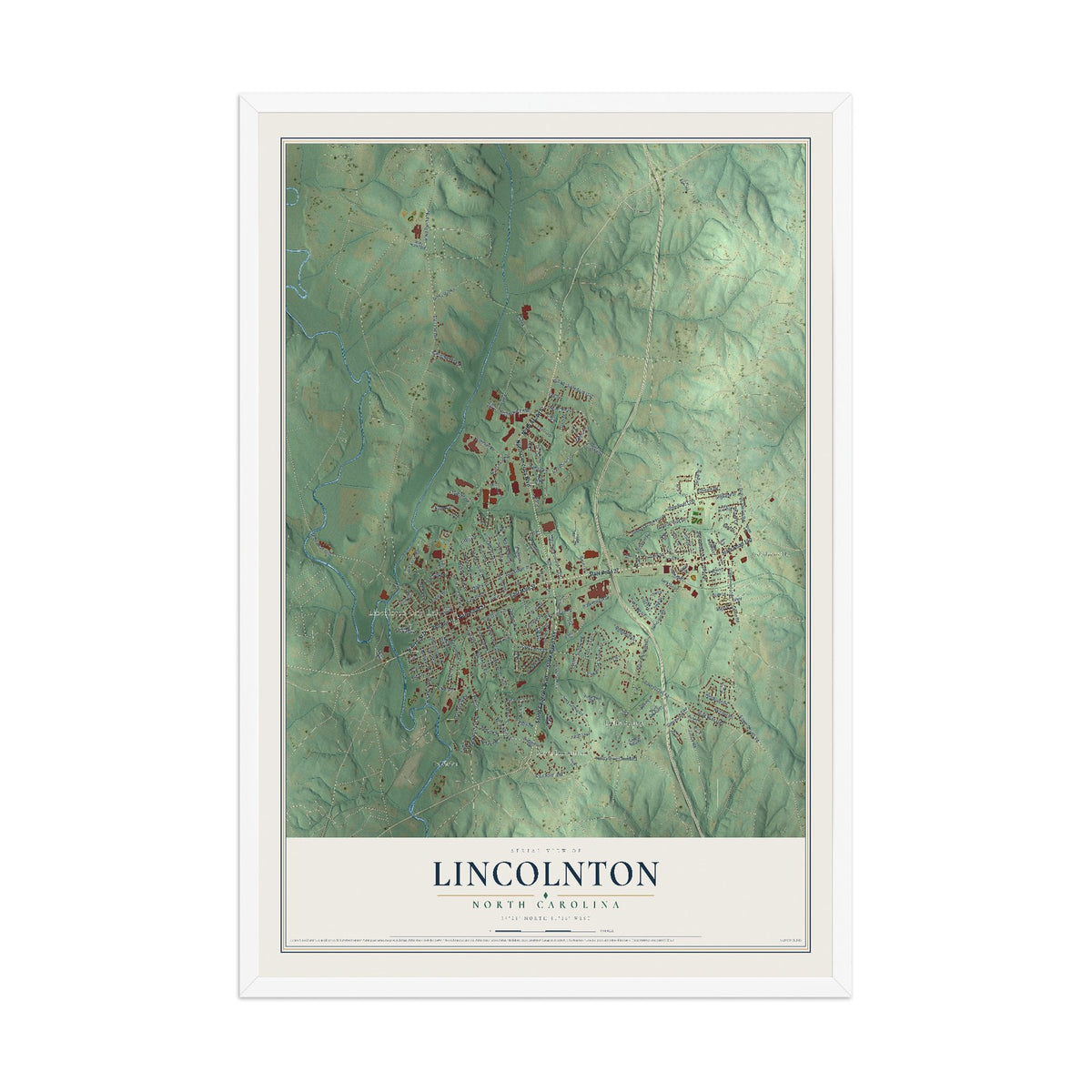 Map of Lincolnton, North Carolina, 12 x 18 inch print in a white wood frame