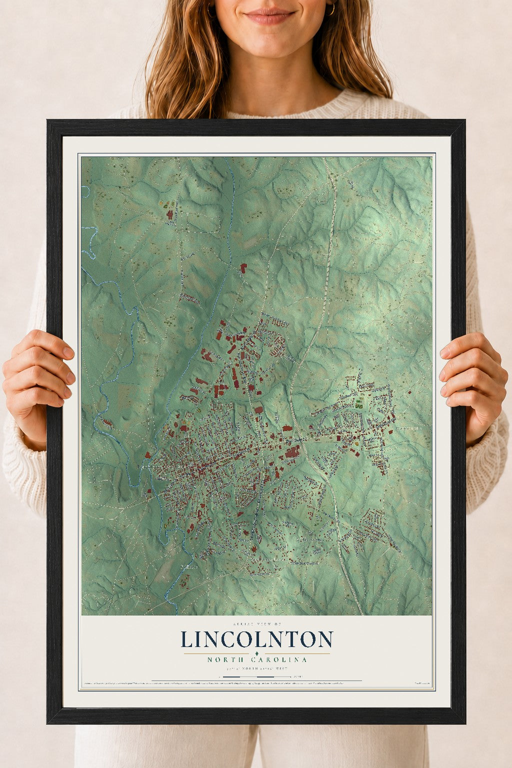 Map of Lincolnton, North Carolina, 18 x 24 inch print in a black wood frame